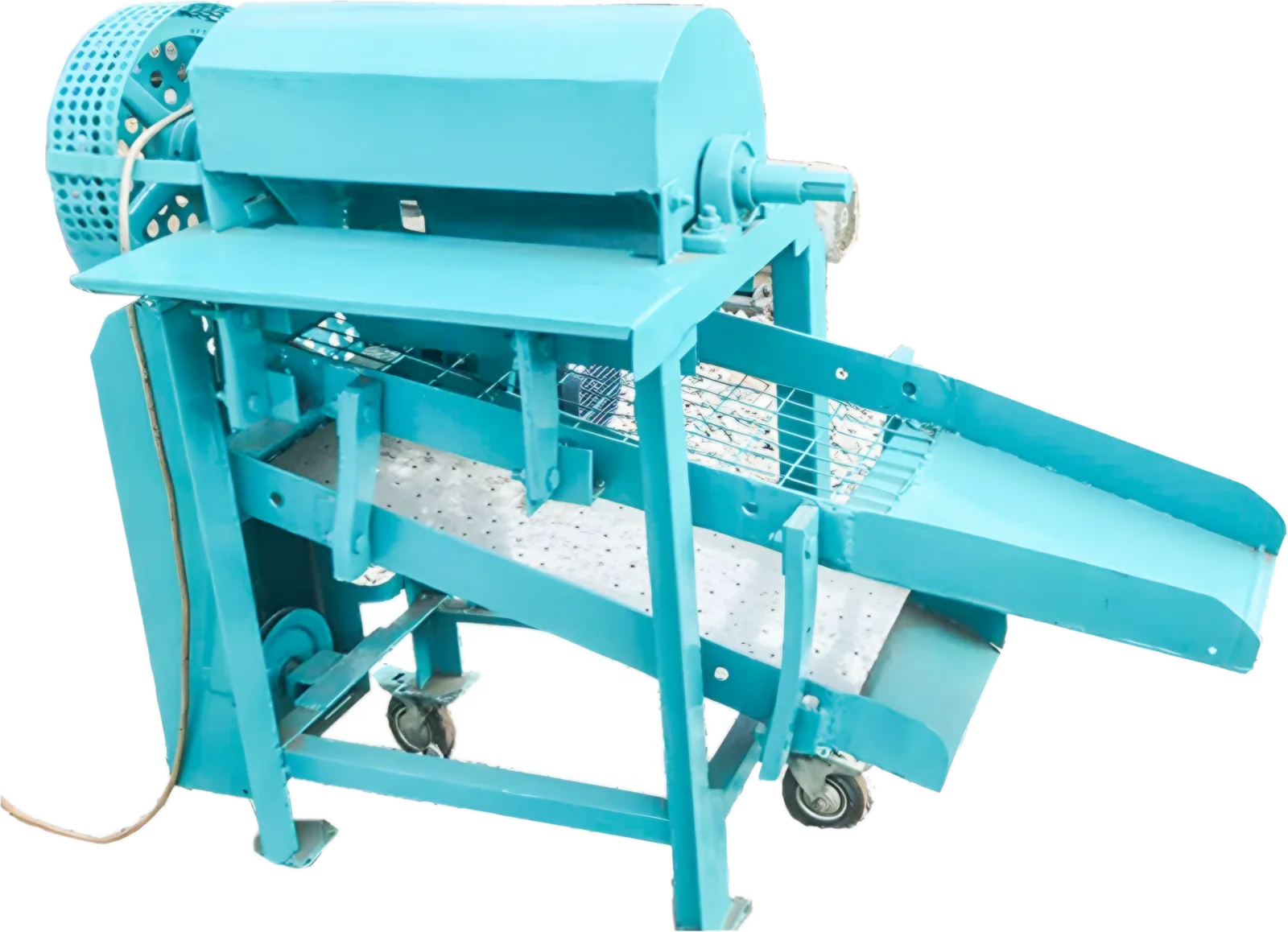 Turquoise groundnut pod plucking machine with plucking drum, screen and discharge chute on castors